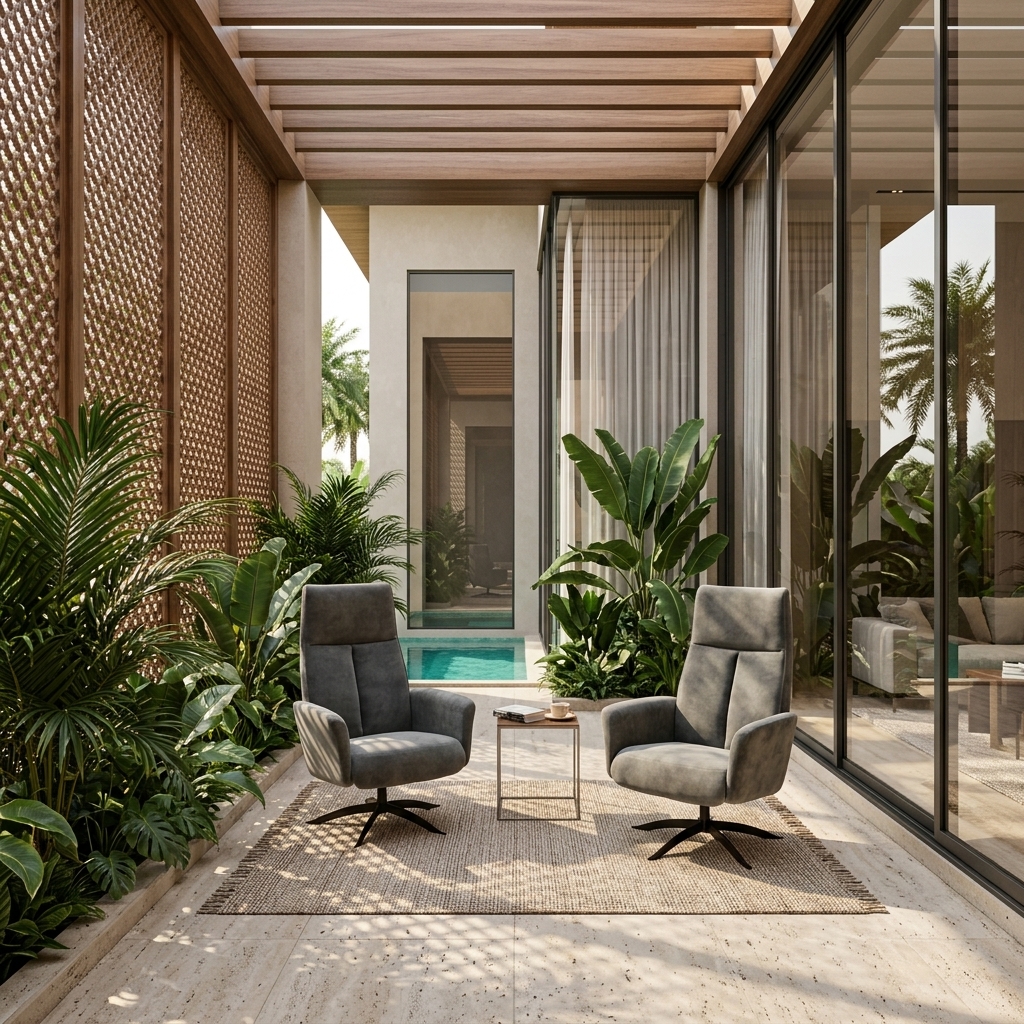 Tropical courtyard exterior with Quadro relaxing chair